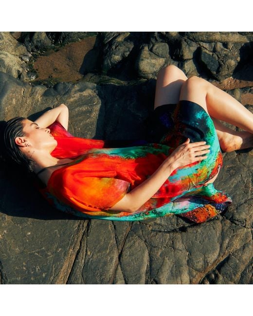 DHARA SHETH DUBAI Red Roar Abstract Sheer Short Kaftan