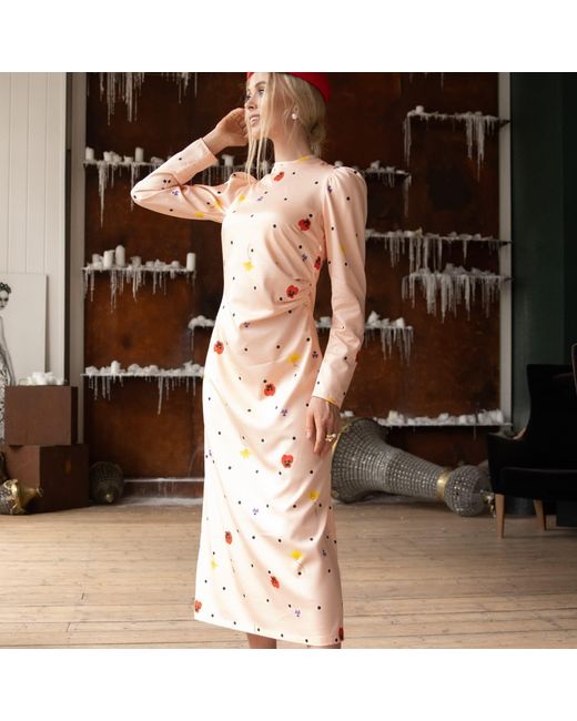 RainSisters Pink Long Sleeve Midi Dress: Peach Blossom