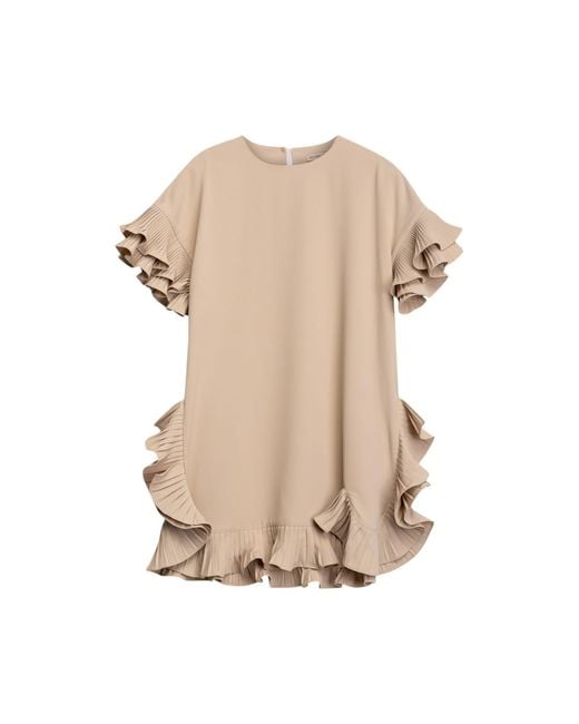 Niza Natural Esme Short Dress With Round Neckline And Pleated Ruffles