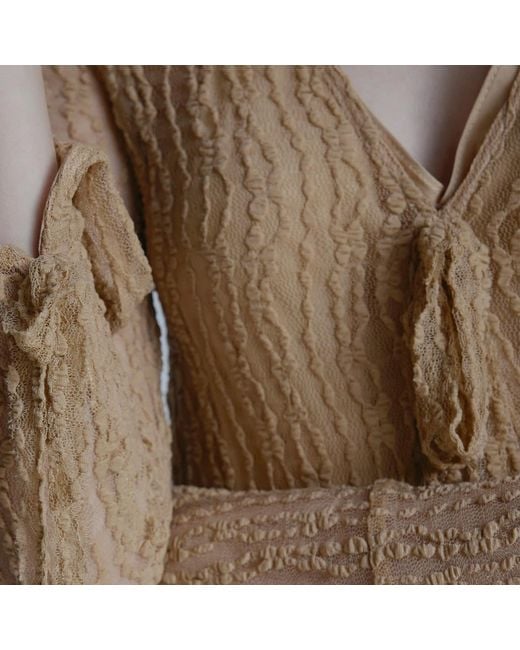 Belsize25 Natural Neutrals Trumpet Dress Flared Sleeve Knit Lace Sheer Tie Dress