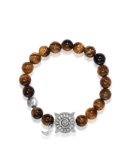 Aurozia Brown Three Charms Solar Meridian Whitegold Plated Sundial And The Sun Crystal Tiger's Eye Beaded Bracelet