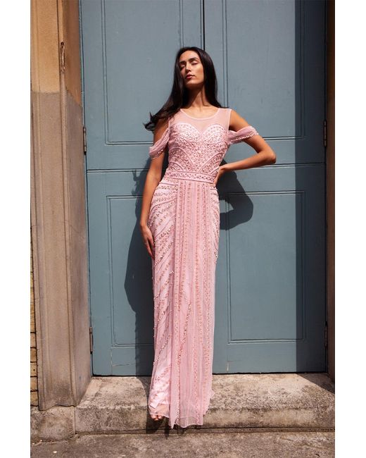 Raishma Pink Merlot A Sweetheart Neckline With A Sheer Neck Panel & Off-The-Shoulder Straps Adorned With Beading & Sequin Embroidery & Gown