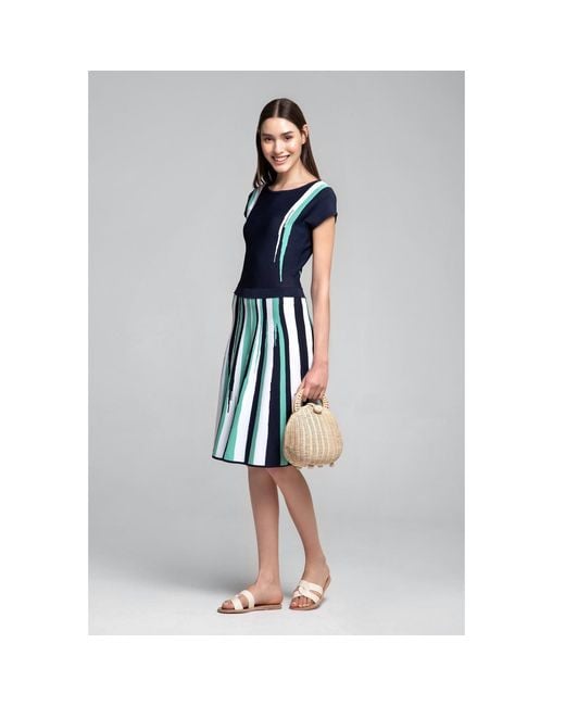 Rumour London Blue Iris Striped Knitted Fit And Flare Dress In Navy And Turquoise