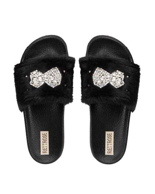 Rettrose Black Ava Noir Luxury Plush Diamanté Embellished Handmade Sliders