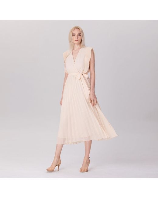 Smart and Joy Natural Neutrals Pleats Ruffle Wrap Effect Dress