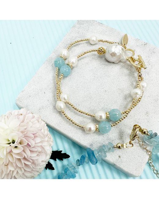 Farra Metallic Aquamarine With Baroque Pearls Double Layer Bracelet Or Choker