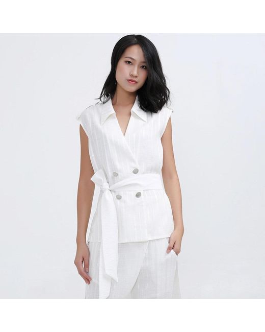 Smart and Joy White Double Breasted Mixed Fabric Blazer