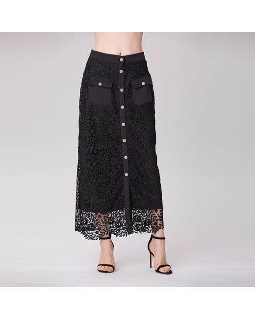 Smart and Joy Black Lace And Center Buttons Straight Midi Skirt