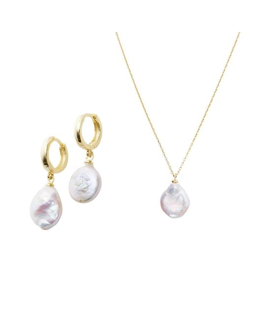 Spero London Metallic Baroque Flat Pearl Pendant Necklace & Earring Sterling Set