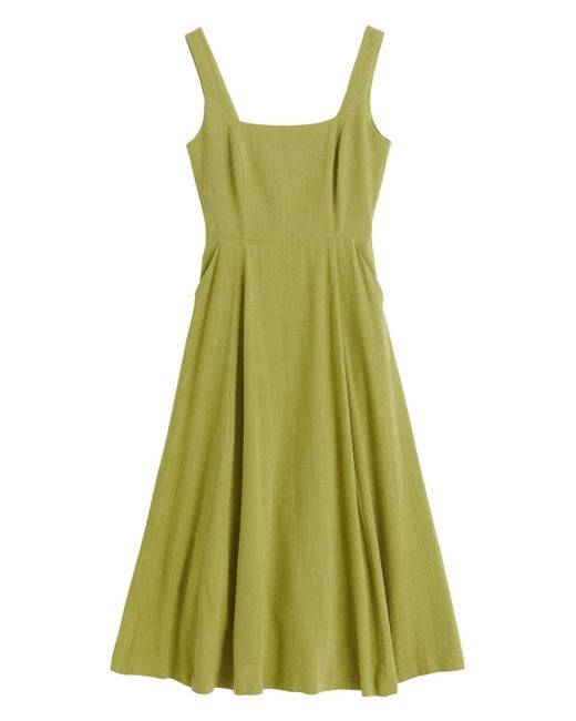 Louche Green Baya Linen Mix Square Neck Midi Dress