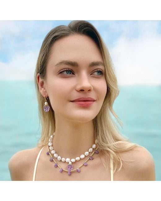 Farra Purple Glass Raspberry With Freshwater Pearls Earrings