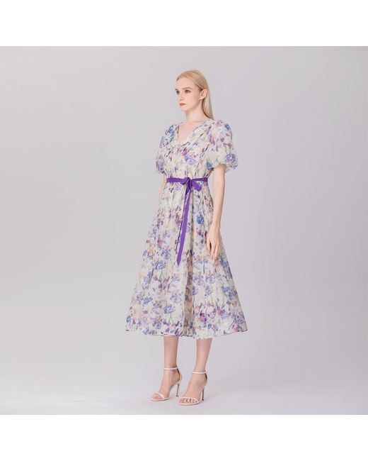 Smart and Joy Multicolor Neutrals Flower Print Fit-And-Flare Tea Organza Dress