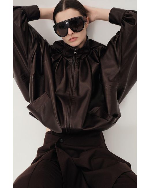 FRONT ROW SHOP Black Soft Pleated Balloon Leather Jakcet Dark