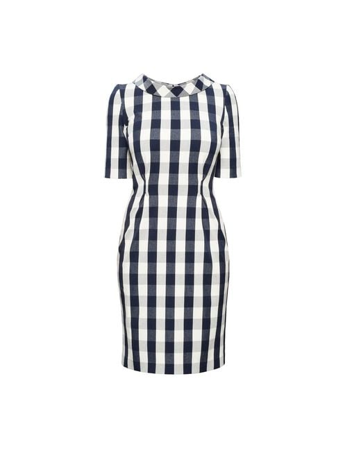 Rumour London Blue Juliette Navy Stretch Cotton Gingham Dress With Raised Collar