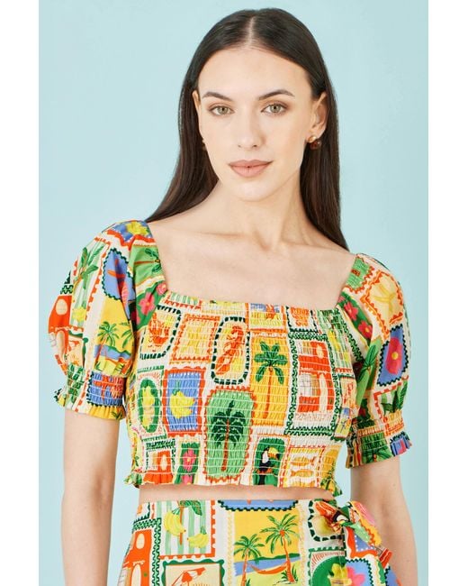 Yumi' Yellow Multicolour Cropped Shirred Cotton Postcard Print Top