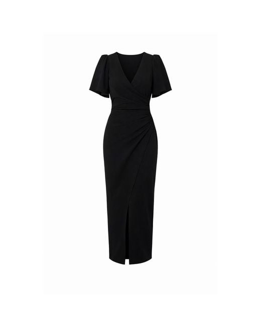 Girl In Mind Black Freya Puff Sleeve Wrap Neck Ruched Midi