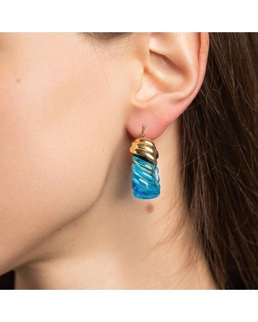 Gold & Honey Blue Topaz Rope Shrimp Lucite Birthstone Hoop Earrings
