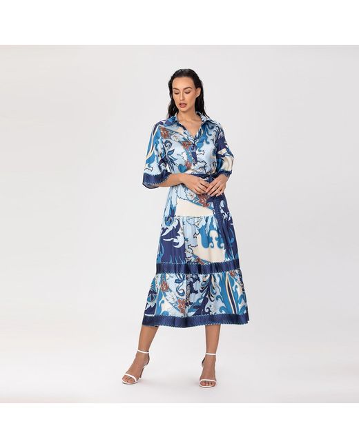Smart and Joy Blue Midi Shirt Dress With Artistic Print And Tied Belt