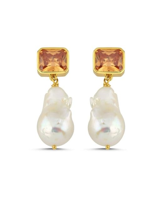LINYA JEWELLERY Metallic Champagne Crystal Stone Baroque Pearl Dangle Earrings