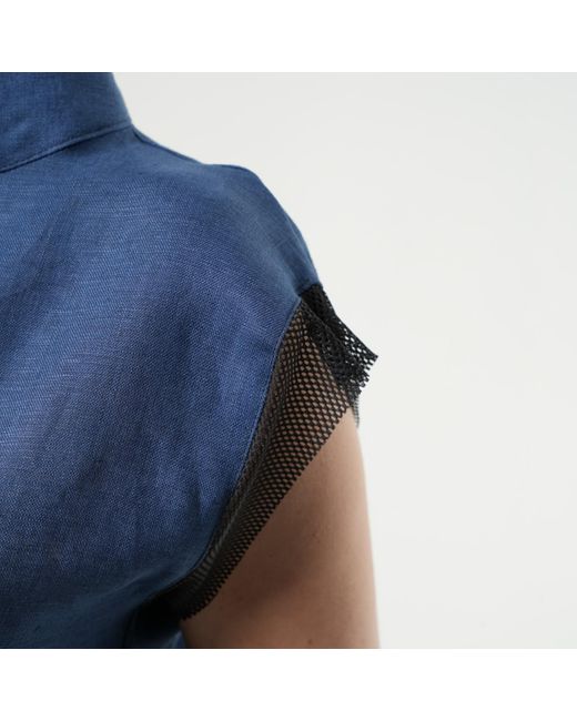 Metamorph Blue Turtleneck Linen Top