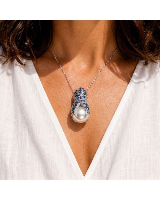 Daneila Léon White Sterling Freshwater Pearl, Sapphires & Diamonds Pendant