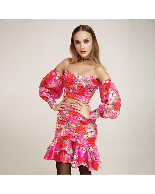 Lita Couture Red Bouquet Off-The-Shoulders Crop Top