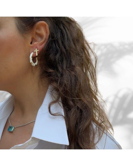 Ebru Jewelry Metallic White Enamel Gold Heart Hoop Earrings