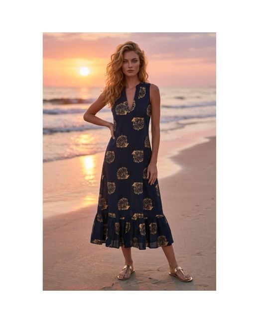 At Last Blue Cotton Lombock Midi Dress