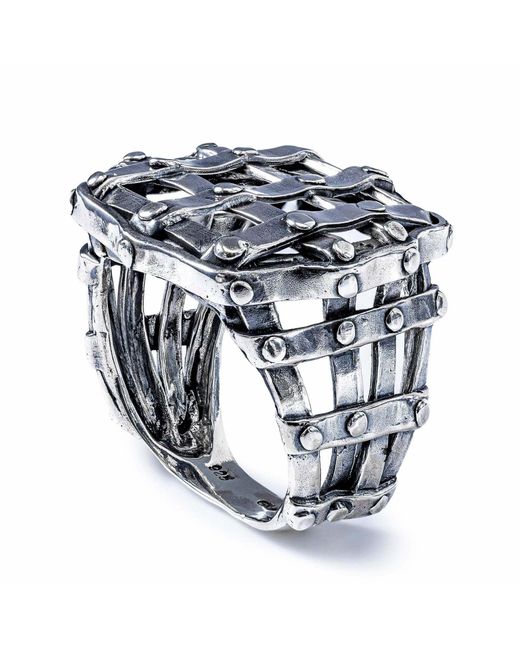 German Kabirski Metallic Plumetis Oxidized Ring With Woven Straw-Like Texture for men