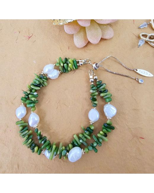 Farra Green Bamboo Coral With Freshwater Pearls Double Layers Bracelet