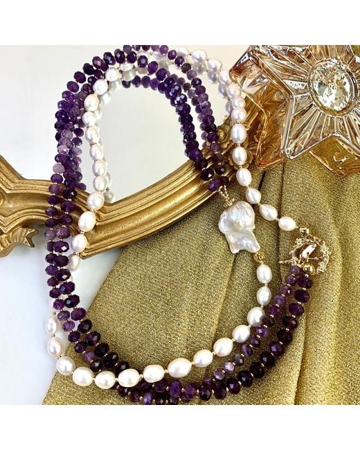 Farra White Amethyst With Freshwater Pearls Multi-Layers Necklace