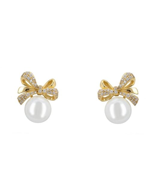 Latelita London Metallic Ribbon Bow Pearl Stud Earrings