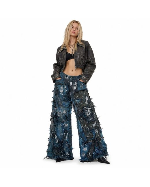 Zasta Studio Blue Wearable Ruins Shredded Wide Leg Colored Denim Pants F