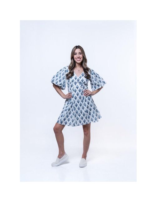 House of Gl Blue Soreia Hand-Block Printed Cotton Fit & Flare Dress With Open Back