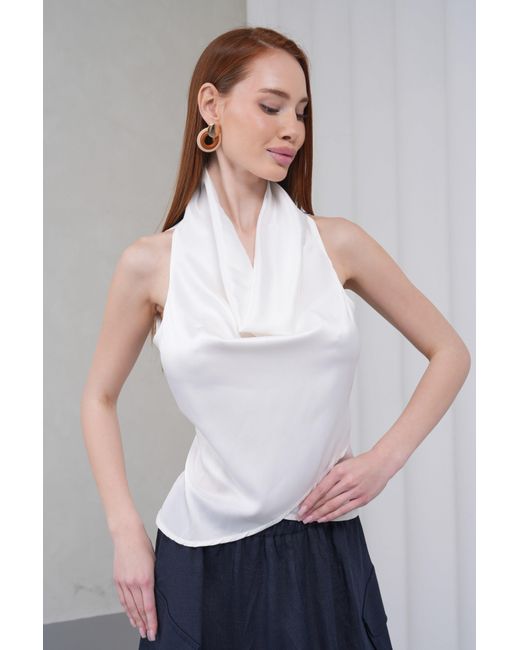 Lumina Eligma White Cascade Silk Cowl Top