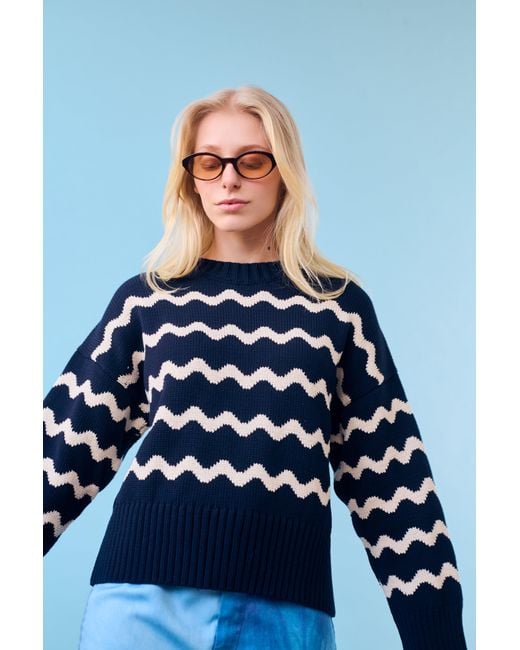 Gigi Knitwear Blue Isla Wavy Stripe Sweater, & Natural