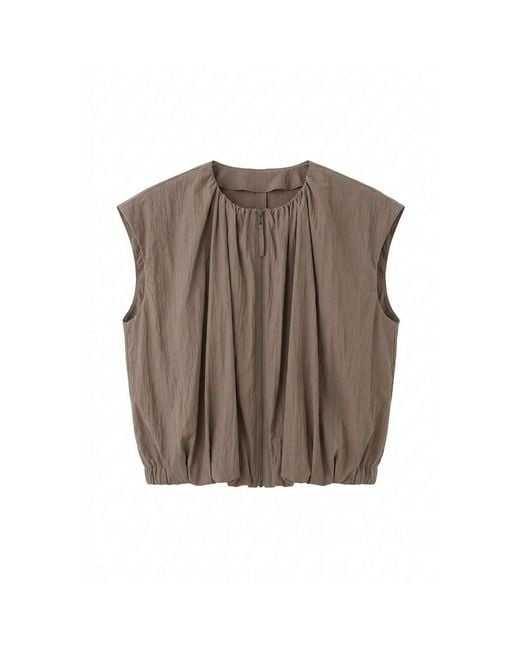 Rue Les Createurs Brown Neutrals Camel Zippered Short Sleeve Vest
