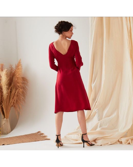 Sarvin Red Long Sleeve Midi Dress