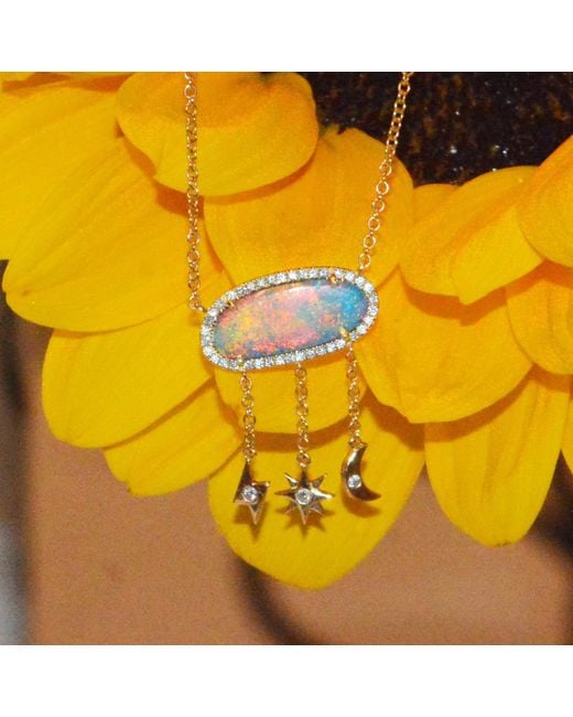 KAMARIA White Fire Opal Necklace With Celestial Moon & Star Drops