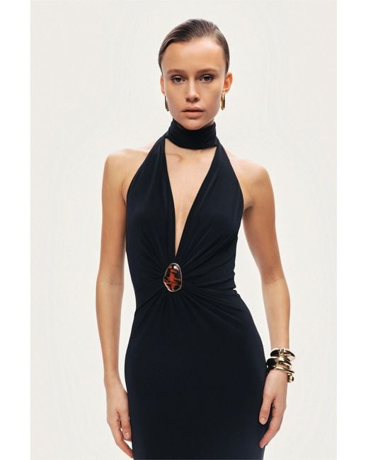 Nocturne Black Halter-Neck Draped Maxi Dress