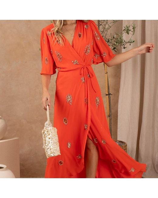 Hope & Ivy Red The Alana Embellished Wrap Dress With Tie Waist And Flutter Sleeve