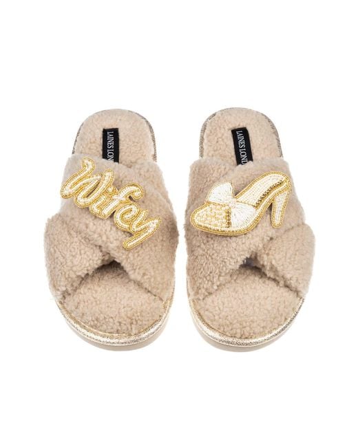 Laines London Natural Neutrals Neutral Boucle Slippers With Wifey & Wedding Heel Brooches