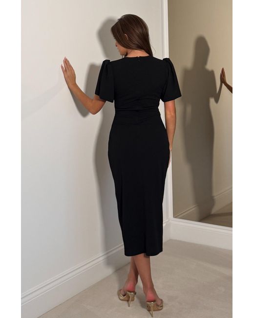 Girl In Mind Black Freya Puff Sleeve Wrap Neck Ruched Midi