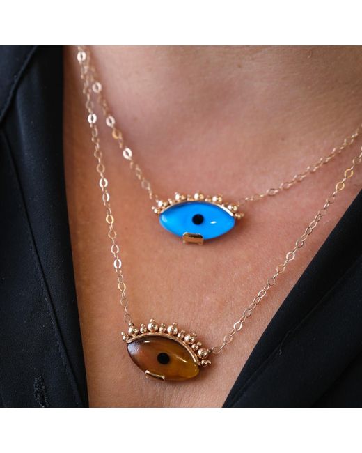 Ecce | Artisan Diamonds Blue 14K Solid Eye See You With Ball Eyelash Necklace