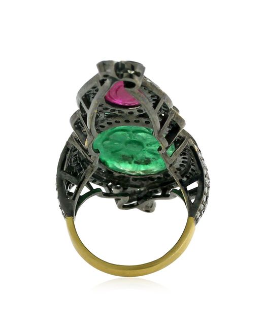 Artisan Green 18k Gold Silver With Carved Ruby & Emerald Pave Diamond Antique Knuckle Ring