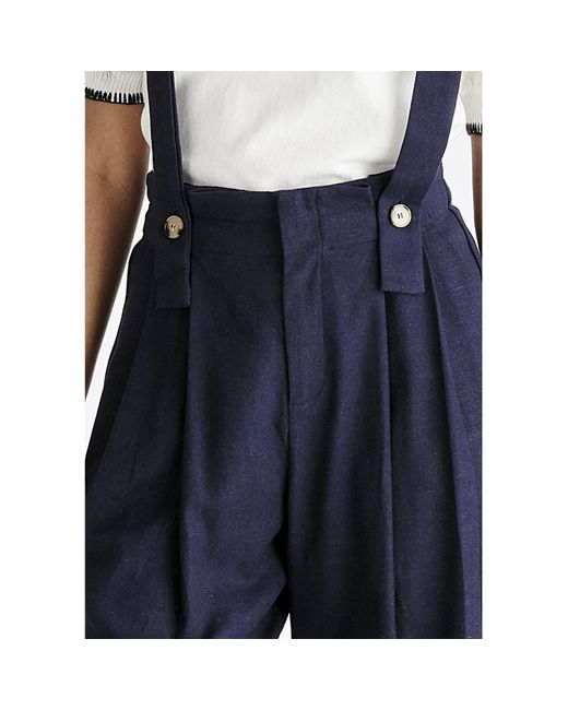 Paisie Blue Linen Blend Detachable Suspender Trousers In Navy