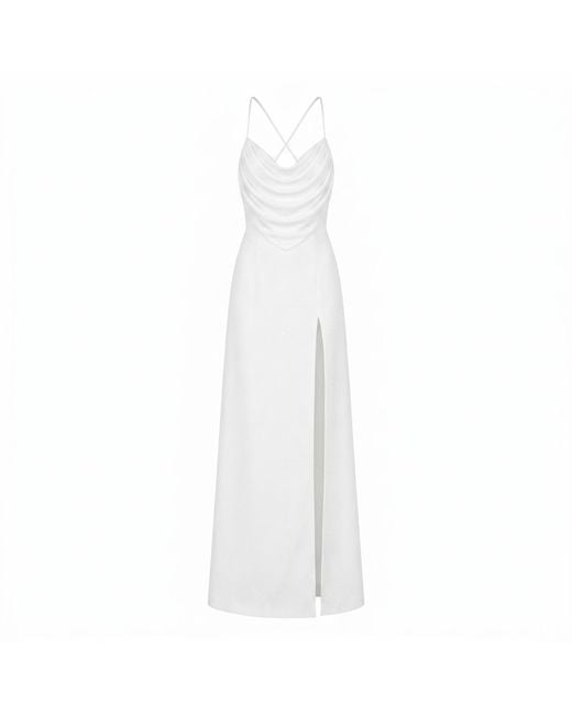 Nomi Fame White Aphrodite Draped Cowl Neck Evening Gown With Slit And Crossed Straps