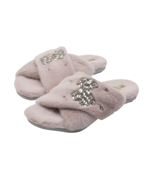 Rettrose Gray Neutrals Fefe Nude Luxury Plush Diamanté Bow Embellished Handmade Slipper