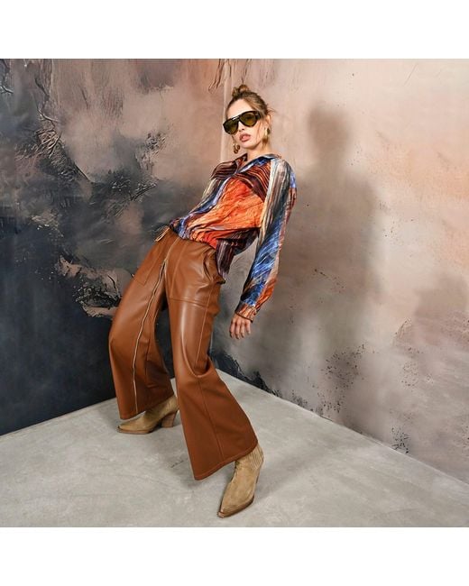 Lalipop Design Brown Wide-Leg Vegan Leather Pants With Front Zipper Detail