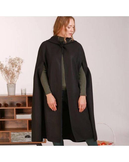 Nikka Place Black Wool Hooded Cloak Coat For Winter